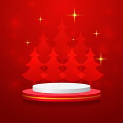 merry christmas with 3d podium and tree star vector Illustration