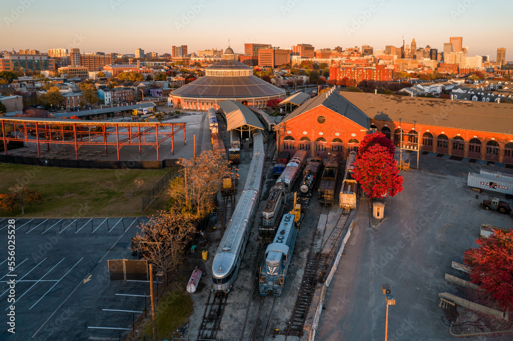 Wall mural aerial drone view of baltimore train museum at sunset