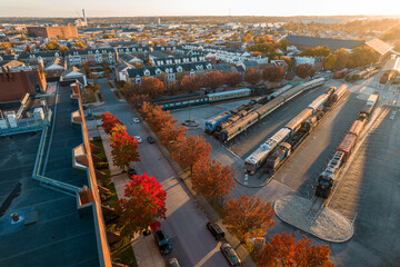 Aerial Drone View of Baltimore Train Museum at Sunset 