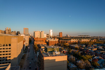 Aerial Drone View of Baltimore City Skyline at Sunset