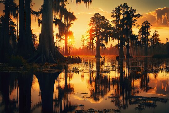 Sunset on the swamp bayou, generative ai