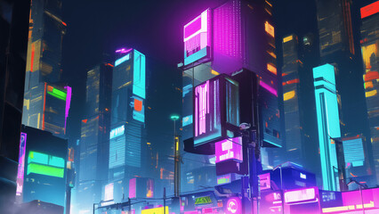 アニメ調のサイバーパンク背景イラスト(AI generated image)