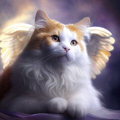 A portrait of a cat with angel wings created with generative AI technology.