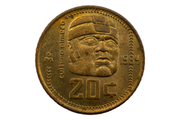Moneda de 20 centavos Mexicana, cultura olmeca, cabeza Olmeca 1984