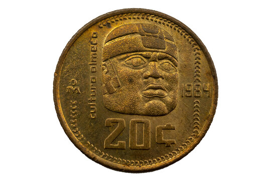 Moneda de 20 centavos Mexicana, cultura olmeca, cabeza Olmeca 1984
