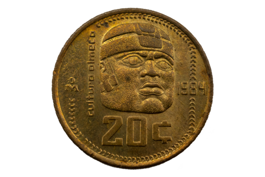 Moneda de 20 centavos Mexicana, cultura olmeca, cabeza Olmeca 1984