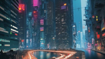 アニメ調のサイバーパンク背景イラスト(AI generated image)