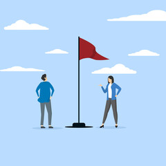 Thoughtful businessman and woman looking for red flag warning, advice, notice or warning, concern or warning for threat concept, Warning red flag to be alert for business or economic disaster.