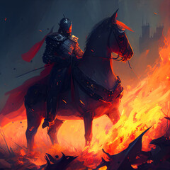 A portrait of a knight that sits in a field of smoke and fire created with generative AI technology.