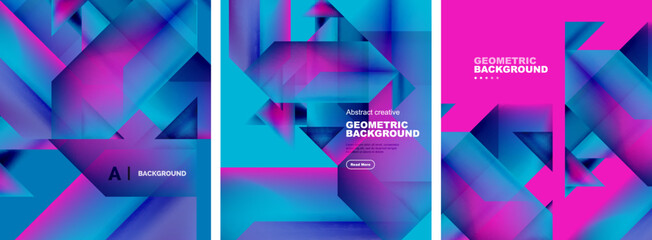 Vector set of abstract geometric poster backgrounds, colorful shapes with fluid colors. Collection of covers, templates, flyers, placards, brochures, banners