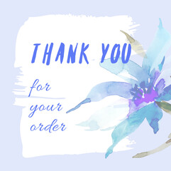 Postcard, banner Thank you. Gratitude on a watercolor delicate purple background with blue flowers. Thank you postcard template for your order