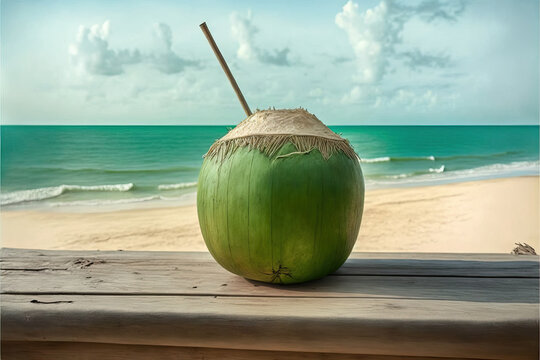 A green coconut with a straw on the wooden table in detail and isolated with beautiful sandy beach and soft blue waves of the sea.