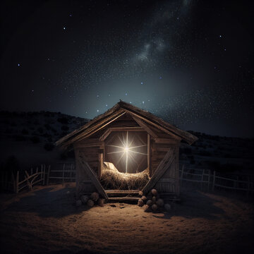Nativity scene, Jesus, manger, illuminated in the dark of night 



