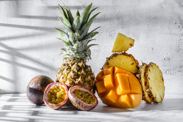  fruits, pineapple, mango and passion fruit - obrazy, fototapety, plakaty