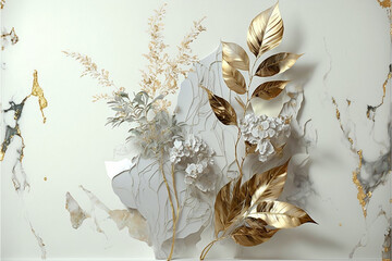 高級感のある植物とマーブル柄の流体 Generative AI