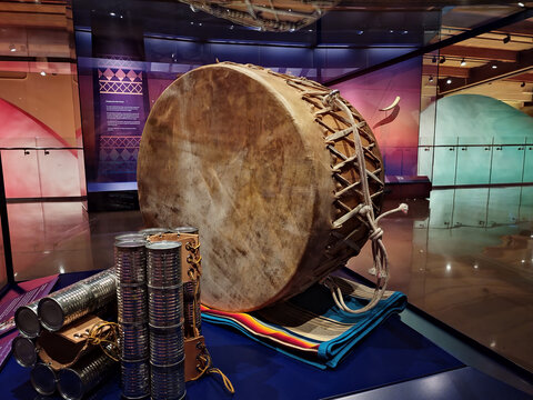 Prairie Style Leather Drum and Stomp Dance Cans on Display at the First Americans Museum in Oklahoma City