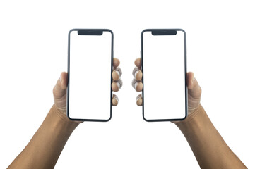 Close up hand holding showing blank empty screen of her smart telephone isolated white color backdrop
