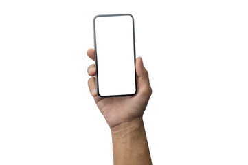 Close up hand holding showing blank empty screen of her smart telephone isolated white color backdrop
