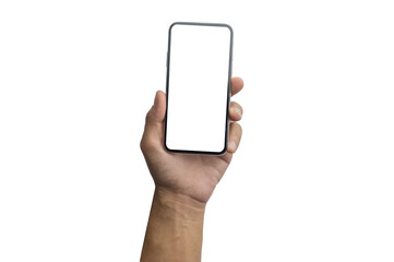 Close up hand holding showing blank empty screen of her smart telephone isolated white color backdrop