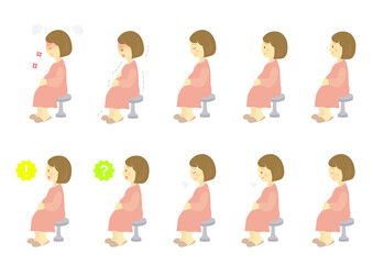 イラスト素材: 診察室で医師から説明を受けるスカートを履いた妊婦　横顔　全身　セット　人物　医療（透過背景）
