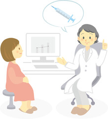 イラスト素材: 診察室でベテラン女性医師から予防接種の説明を受けるスカートを履いた妊婦　笑顔　人物（透過背景）
