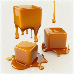 Set of caramel cubes, caramel drops, and caramel sauce created with generative AI technology.