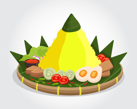 Nasi tumpeng traditional indonesian food from javanese with eggs, tempe, tahu, tomatoes and cucumber