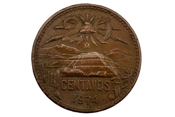 20 centavos de Bronce Mexicanos 1974 con imagen de la pirámide del sol en Teotihuacán, volcanes ixtaccíhuatl y Popocatépetl.