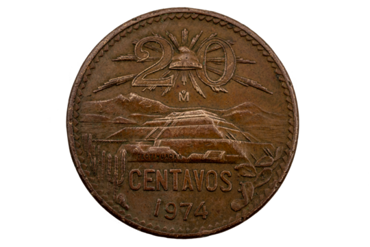 20 centavos de Bronce Mexicanos 1974 con imagen de la pirámide del sol en Teotihuacán, volcanes ixtaccíhuatl y Popocatépetl.
