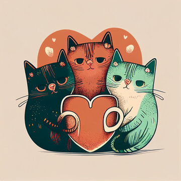 three cats are sitting together holding a heart, a storybook illustration created with generative AI technology
