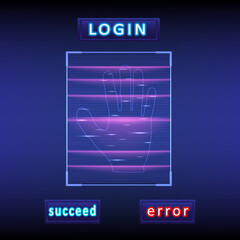 abstract background technology
Security by hand-scanning Access the vertical line system with bright light. There are buttons and letters that glow. on a blue gradient background