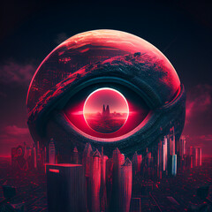 A portrait of a view from space of a futuristic sci-fi city with a giant biomechanical red laser eye, created with generative AI technology. - obrazy, fototapety, plakaty
