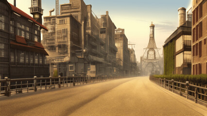 Obraz premium アニメ調のスチームパンク系背景イラスト(AI generated image)
