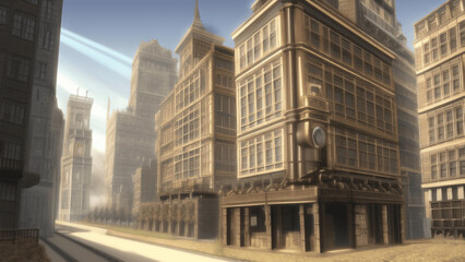 Obraz premium アニメ調のスチームパンク系背景イラスト(AI generated image)