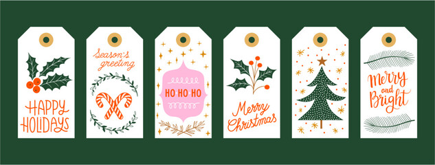 Set christmas gift tags set with hand drawn doodles leafs and lettering. Vector hand drawn illustration	