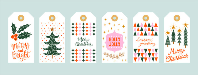 Set christmas gift tags set with hand drawn doodles leafs and lettering. Vector hand drawn illustration	