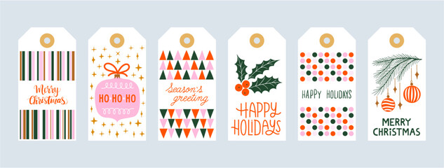 Set christmas gift tags set with hand drawn doodles leafs and lettering. Vector hand drawn illustration	