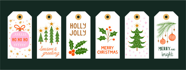 Set christmas gift tags set with hand drawn doodles leafs and lettering. Vector hand drawn illustration	