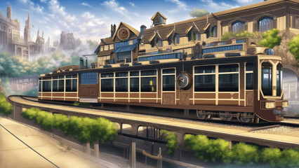 Obraz premium アニメ調のスチームパンク系背景イラスト(AI generated image)