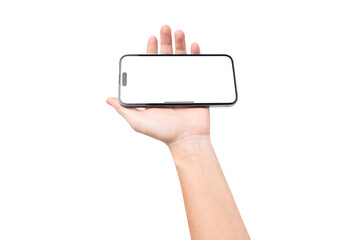 Hand showing smartphone with blank screen isolated on white background.