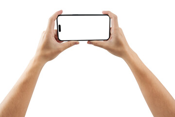 Hand showing smartphone with blank screen isolated on white background.