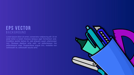 Back to School banner, stationery objects and office supplies on the blue background