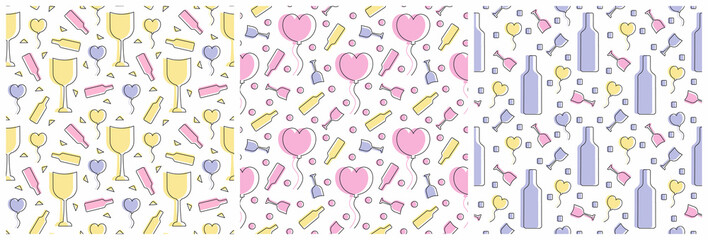 Set of Happy Valentine's Day Seamless Pattern Design with Decoration in Template Hand Drawn Cartoon Flat Illustration