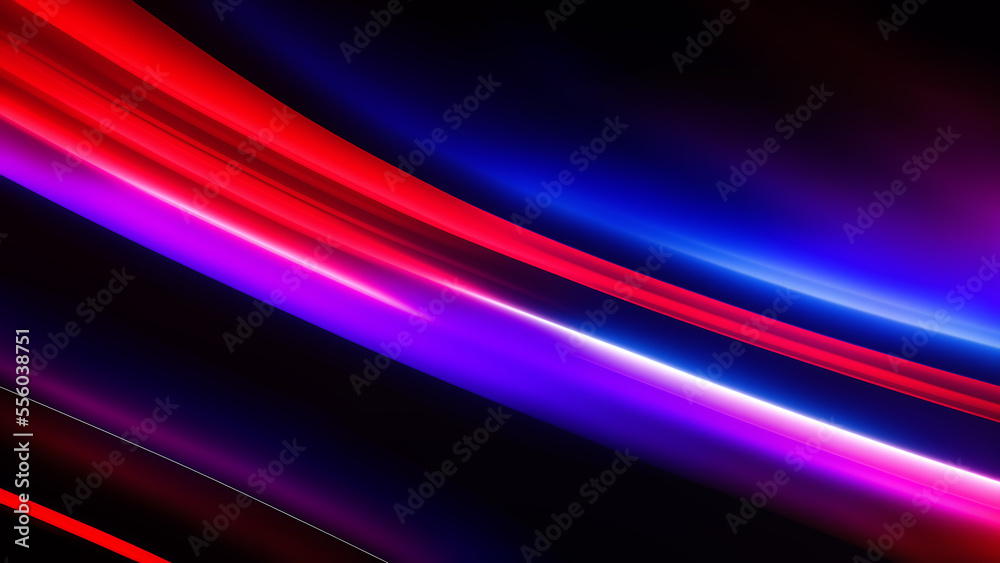 Poster neon red and blue abstract background featuring colorful lines and curved forms, with a diagonal com