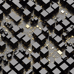 abstract background made of cubes, black microchips, and gold transistors on a PCB board. technologically advanced design. cutting-edge materials and innovative techniques.