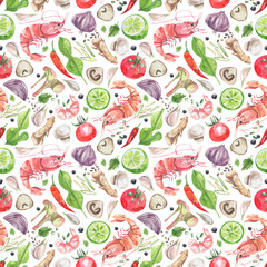 Traditional Thai cuisine ingredients seamless pattern. Watercolor illustration of shrimp, chili pepper, onion, garlic, vegetables background.