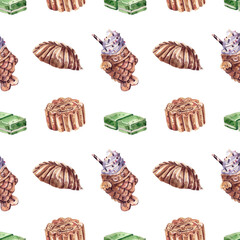 Watercolor illustrations of Asian sweets bright seamless pattern. Taiyaki, mooncake, puff pastry, pandan jelly background. Thai, Japanese sweets.