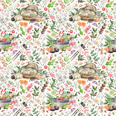 Bright, seamless pattern. with traditional asian food and products on a white background. Watercolor illustration of Thai dishes and ingredients background. Tom yum, steam dumplings, barbecue, seafood
