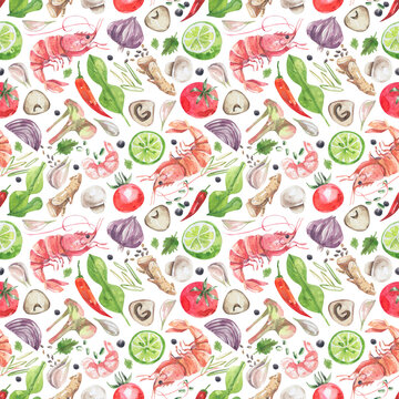 Traditional Thai cuisine ingredients seamless pattern. Watercolor illustration of shrimp, chili pepper, onion, garlic, vegetables background.