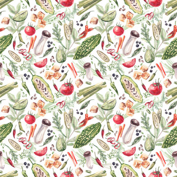 Bright, seamless pattern with ingredients of traditional Asian cuisine, vegetables, tofu, spices in a sketch style on a white background. Watercolor illustration Japanese, Korean cuisine.